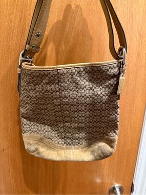 Coach Brown Signature Canvas Shoulder Bag with Tan Trim